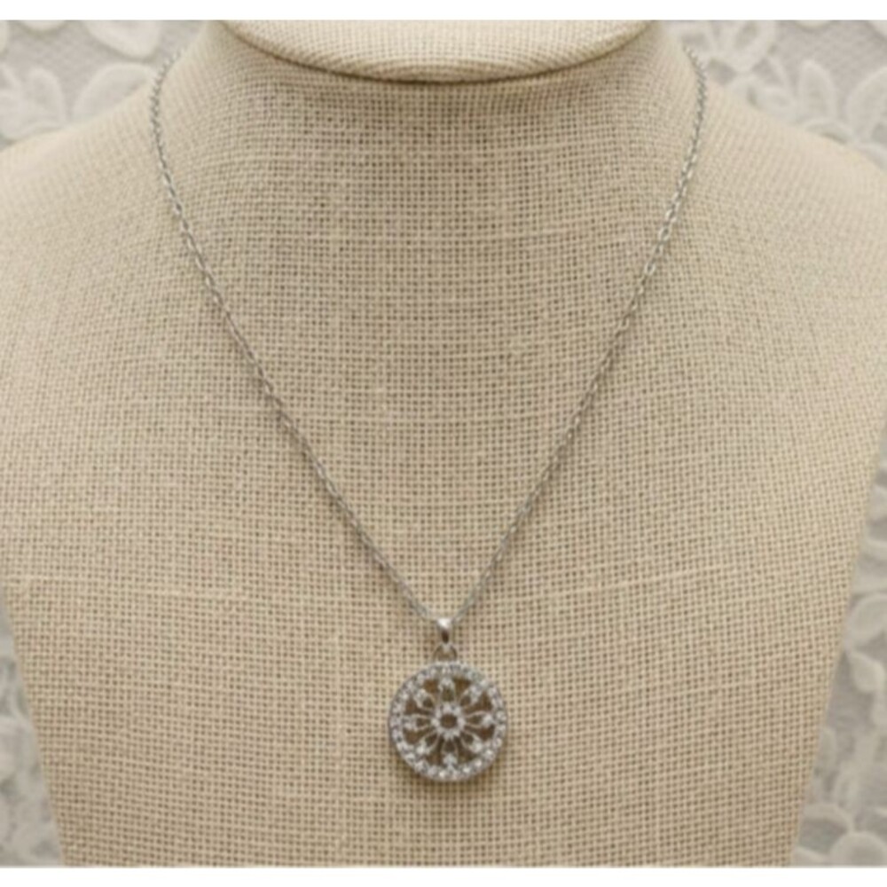 Rhinestone Medallion Pendant Necklace Silver tone Art Deco Style